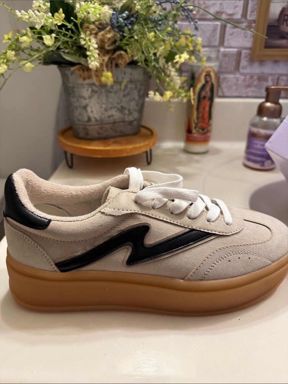 Excellent deal!!!!!! Madden Girl Beige Canvas Sneakers with Black Accent